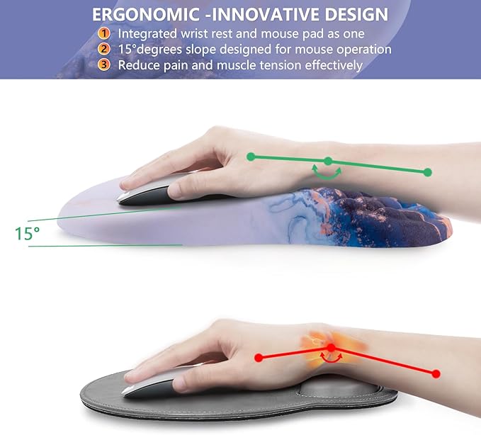 Mouse Pad Wrist Support, Ergonomic Mouse Pad with Wrist Rest, Comfortable Computer Mouse Pad for Laptop, Pain Relief Mousepad with Non-Slip PU Base Blue Black White