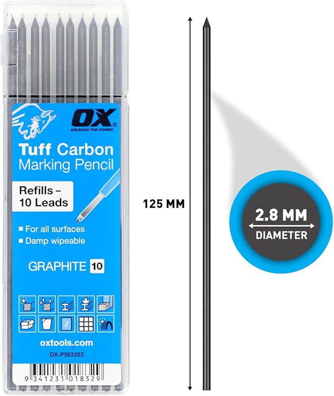 OX Tools Pro Tuff Carbon Marking Pencil with 10-Pack Basic Graphite Replacement Lead