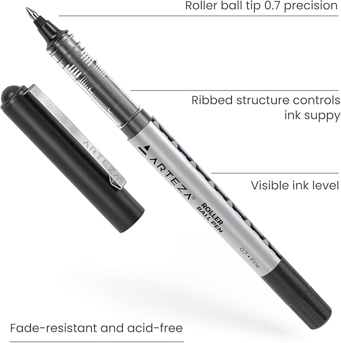 ARTEZA Rollerball Pens, Pack of 20, 0.7mm Black Liquid Ink Pens, Office Supplies for Bullet Journaling, Fine Point Rollerball for Writing, Taking Notes & Sketching