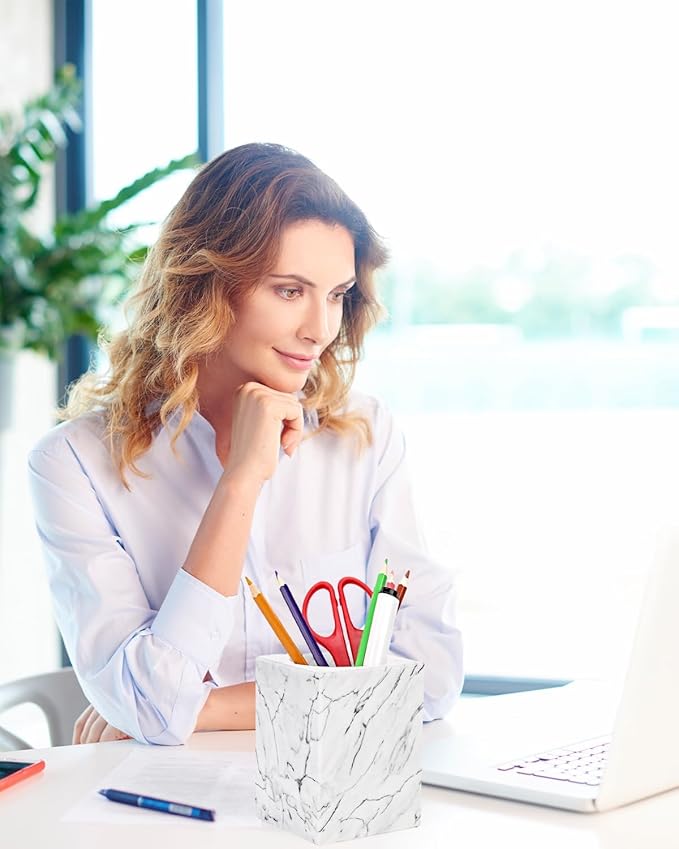 Marble Pencil Pen Holder for Desk, Multi-Functional Pen Cup Pencil Holder for Office School Supplies Storage, Makeup Brush Holder for Home and Office (Cuboid-White)