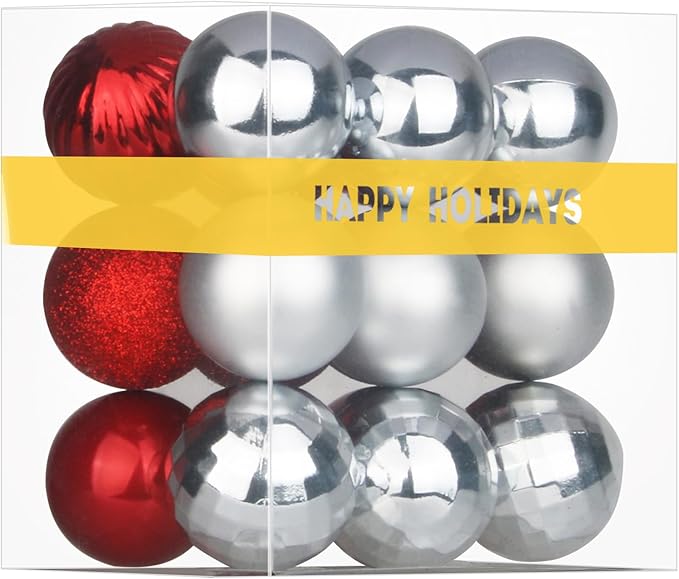 Silver & Red 2.5" Christmas Balls Christmas Tree Decoration Ornaments Shatterproof Hanging Balls for Birthday Halloween Holiday Wedding Decorations Set of 18pcs