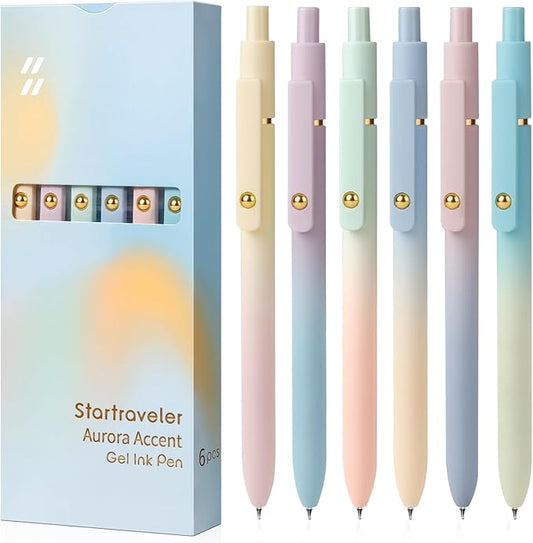 FIOVER Gel Pens, 6 Pcs 0.7mm Comfort Grip Quick Dry Black Ink Pens Fine Point Smooth Writing Pens, Cute Office Back to School Supplies Gifts for Women (6PCS Gradient Black Ink)