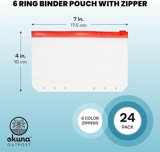 Okuna Outpost Pencil Pouch - A6, Clear Plastic, Double Zipper, 6-Hole, Multicolor, 24-Pack - Binder Pencil Pouches & Money Envelopes for Cash, Teacher Supplies