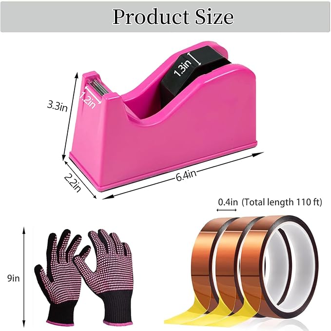 Heat Tape Dispenser Set, Sublimation Tape Dispenser 2 Pcs Heat Resistant Gloves with Silicone Bumps 3 Pcs Heat Tape for Sublimation Nonskid Base Weighted Desktop for Office Home (Rosy)