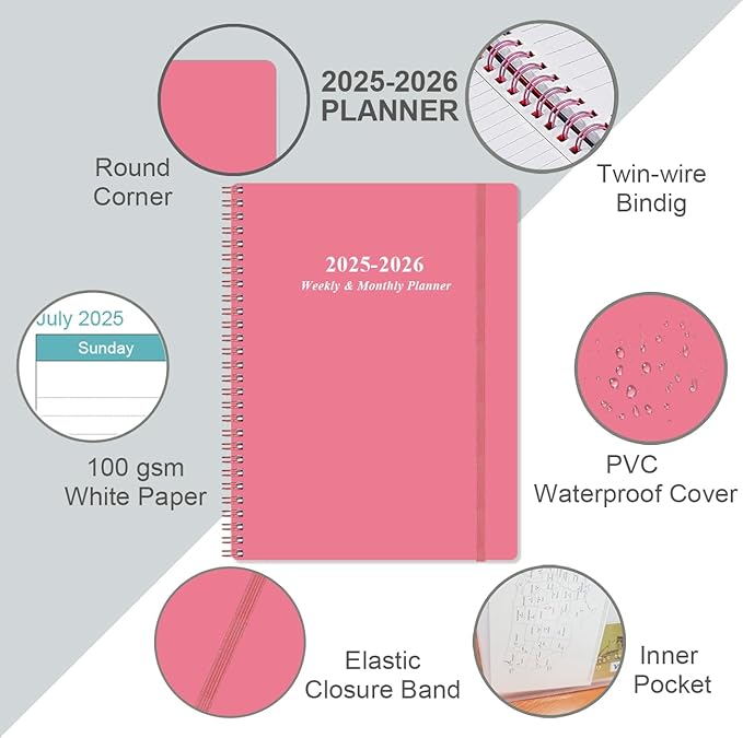Planner 2025-2026 - Academic Planner 2025-2026 from July 2025 to June 2026 with 12 Monthly Tabs, Flexible Cover, Inner Pocket, 8.5" x 11", Pink