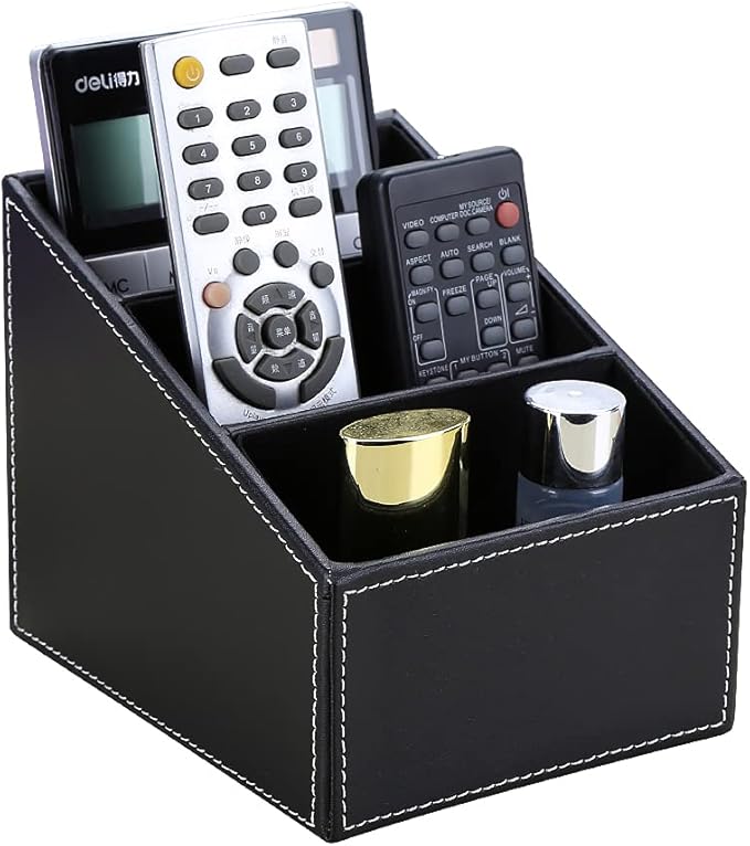 KINGFOM Remote Control Holder with 3 Compartments Pu Leather Remote Caddy Desktop Organizer Store Brush, Pencil, TV Guide, DVD, CD, Blu-Ray, Media Player, Heater Controllers(Black)