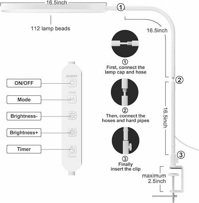 SKYLEO Led Desk Lamp - 33.5" Desk Light - Flexible Gooseneck - 5 Color Modes X 11 Brightness Levels - 1300LM - Timmer & Memory Function - 12W Clip on Light - White