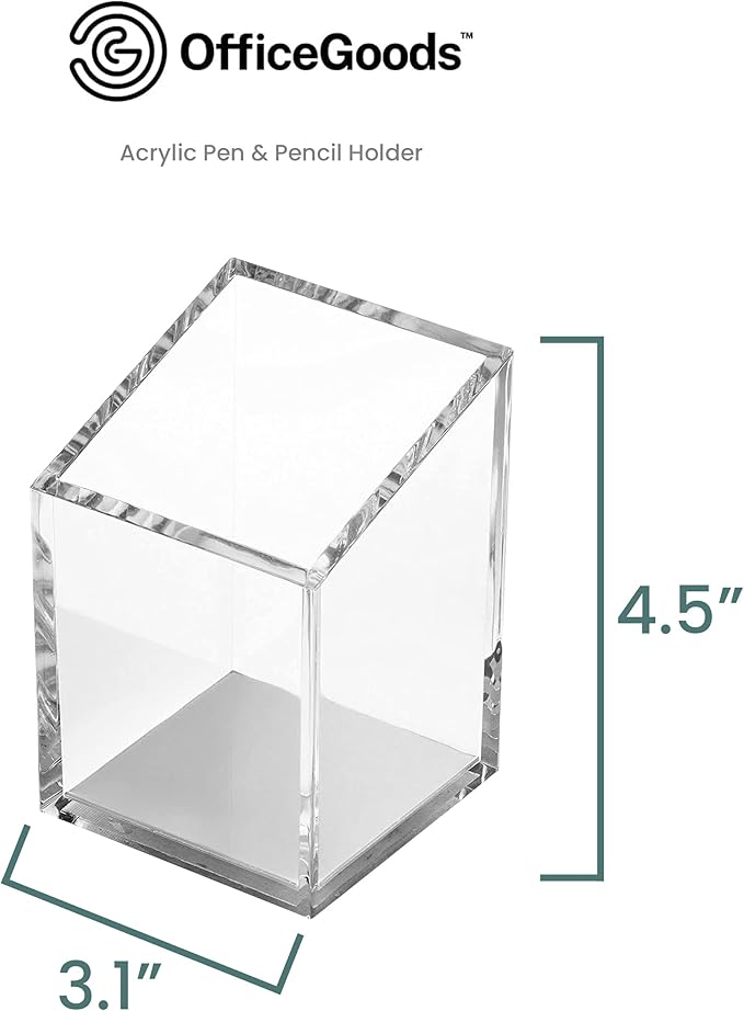 OfficeGoods Acrylic Pen & Pencil Holder - Modern Trapezoid Design - Beautiful Desk Organizer for Home or Office - Contrasting Metal Base - 3" Square w/ 3.5" Front & 4.5" Back - Silver