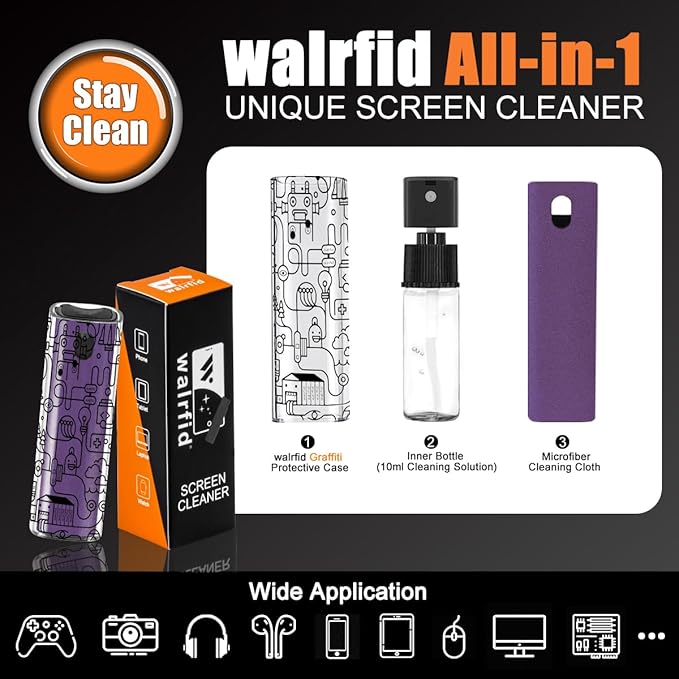walrfid Car Screen Cleaner, Computer Screen Cleaner Spray and Wipe, Laptop Cleaning Mist Kit for Electronic iPad, iPhone, Phone, MacBook, TV, Monitor Display, with Black Graffiti Case - Purple