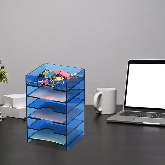 Acrylic Sticky Note Holder 6-Tiers, Sticky Note Organizer for Desk Colorful, Desktop Multiple Self Stick Note Pad Holder for Office Home School Desk Accessories Stationery Supplies, Blue