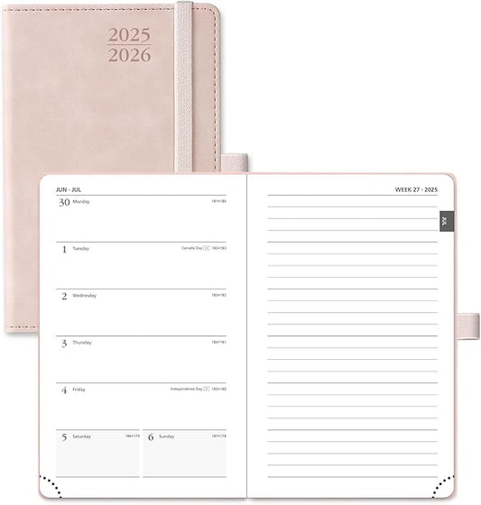 POPRUN Planner 2025-2026 Weekly Notebook for Purse(Pocket Size 4''x 6.25'') Small Academic Calendar (JUL.25 - JUN.26) with Monthly Tabs, Leather Soft Cover, Inner Pocket, 100 GSM - Pink