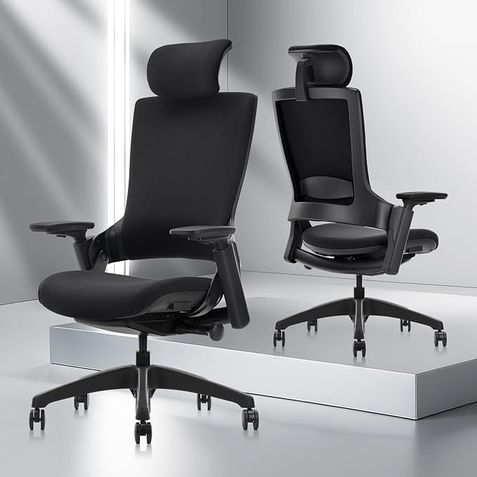 CLATINA Ergonomic High Swivel Executive Chair with Adjustable Height Head 3D Arm Rest Lumbar Support and Upholstered Back for Home Office Studio, Black Fabric, 2 Pack