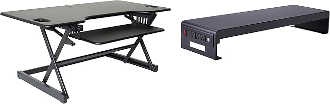 Rocelco 46" Large Height Adjustable Standing Desk Converter with Double Monitor Mount Stand BUNDLE - Quick Sit Stand Up Computer Workstation Riser - Retractable Keyboard Tray - Black (R DADRB-46-DMS)