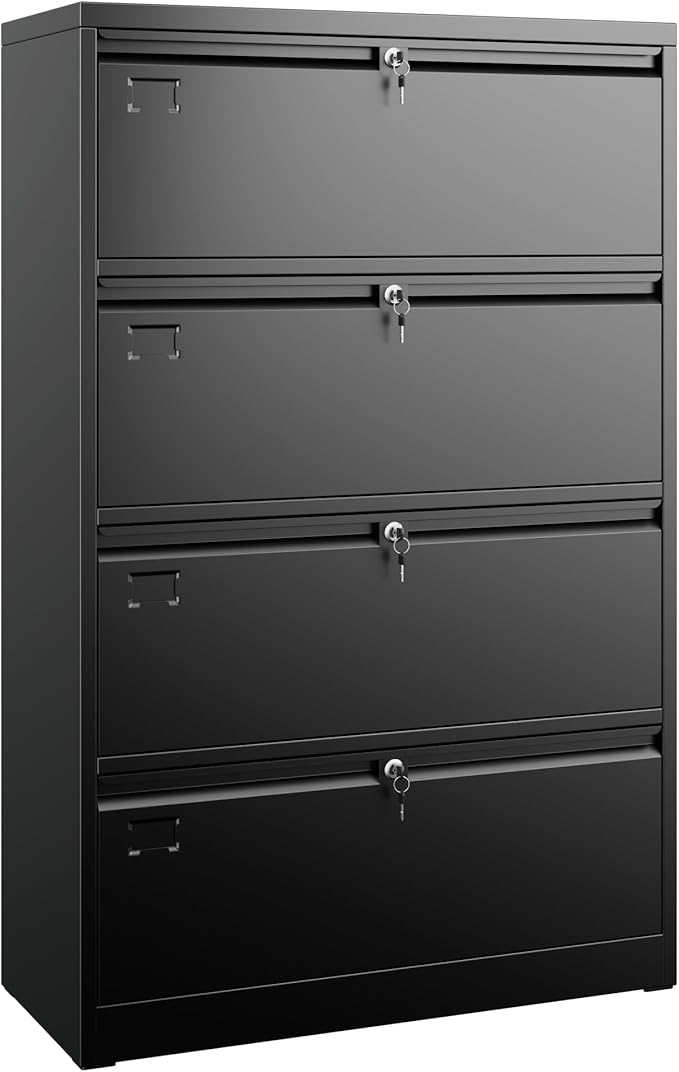 Aobabo 4 Drawer Wide Lateral File Cabinet, Metal Filing Cabinet with Lock, Suitable for Home Office School Hanging Files Letter/Legal/F4/A4 Size,Black,Required-Assembly,15.87" D x 28.94" W x 57.17" H