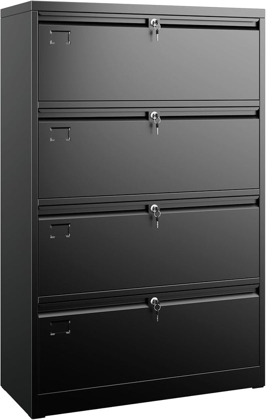 Aobabo 4 Drawer Wide Lateral File Cabinet, Metal Filing Cabinet with Lock, Suitable for Home Office School Hanging Files Letter/Legal/F4/A4 Size,Black,Required-Assembly,15.87" D x 28.94" W x 57.17" H