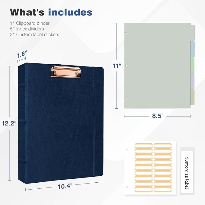 Ospelelf 3 Ring Binder With Clipboard 1 Inch Leather for Letter Size (8.5" x 11"), 5 Tab Dividers Office Supply, Dark Blue