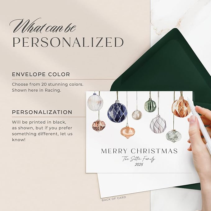 Personalized Stationery for Women & Men, A2 Notecards Family Christmas Cards Set, Watercolor Ornament Personalized Note Cards with Envelopes, Holiday Stationery Set - Baubles Flat