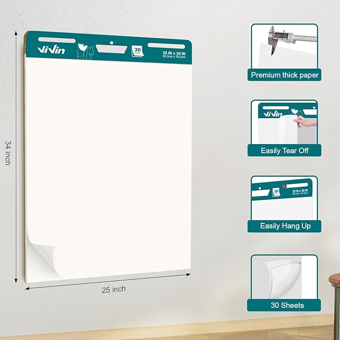 ViVin Super Sticky Easel Pad, 25 x 30 Inches Flip Chart Paper for Teachers, Large Self Stick Easel Paper, Teacher Anchor Chart, 30 Sheets/Pad, 4 Pads/Pack