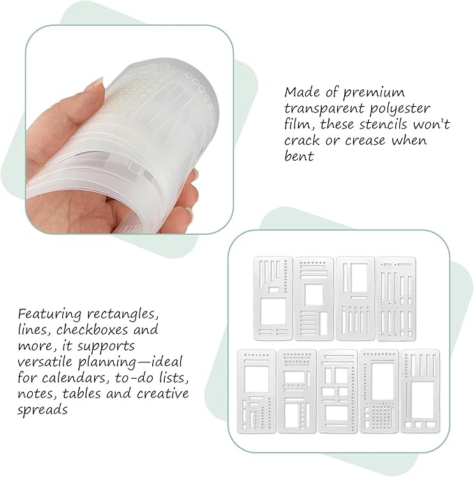 9 Pack Flexible Planner Stencils, Handmade Reusable Templates for Journaling, Dot Grid, Drawing, Checklists & Daily Planning, Calendar Stencils for DIY Crafts and Personal Planners