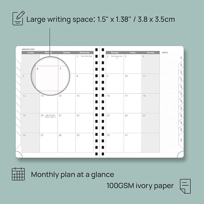 POPRUN Planner 2025-2026 (Medium - 6.5'' x 8.5'') Academic Weekly Calendar (July 2025 - June 2026) with Hourly Time Slots, Monthly Tabs, 100GSM Thick Papers, Spiral Leather Cover - Green