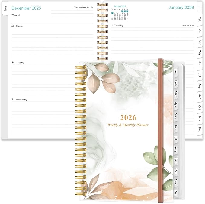 2026 Planner - A5 Weekly & Monthly Planner Spiral Bound, January 2026 - December 2026, with Flexible Cover, Tabs, Inner Pocket, 6.4" x 8.5", Rose Leaf