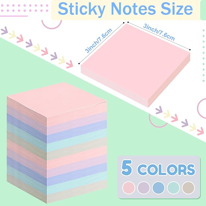 Fainne 120 Pack Sticky Notes Bulk Back to School Supplies Self Stick Note Pads Paper Memo for Office First Day of School Student Teacher Essentials (3x3 Inch,Cute Color)
