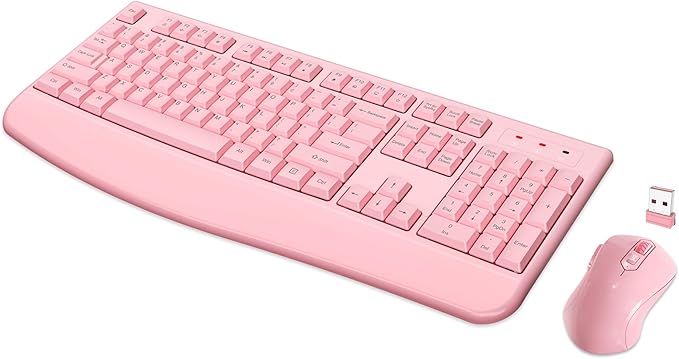 Wireless Keyboard and Mouse Combo, Full-Sized 2.4GHz Wireless Keyboard with Comfortable Palm Rest and Optical Mouse for Windows, Mac OS PC/Desktops/Computer/Laptops (Full Pink)