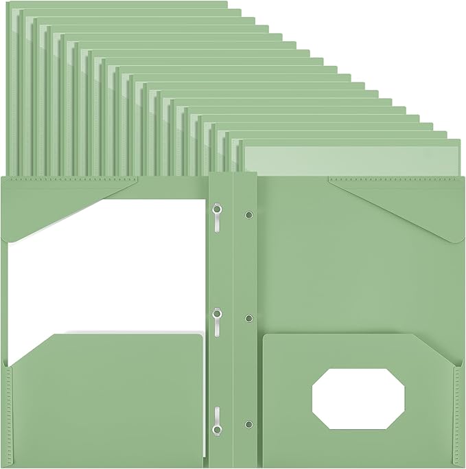 Henoyso 48 Pcs Plastic Folder with Clear Front Pocket and 3 Prongs Heavy Duty Plastic Folders with Card Slot Pocket Folders with Prongs for School Office Home(Sage Green)