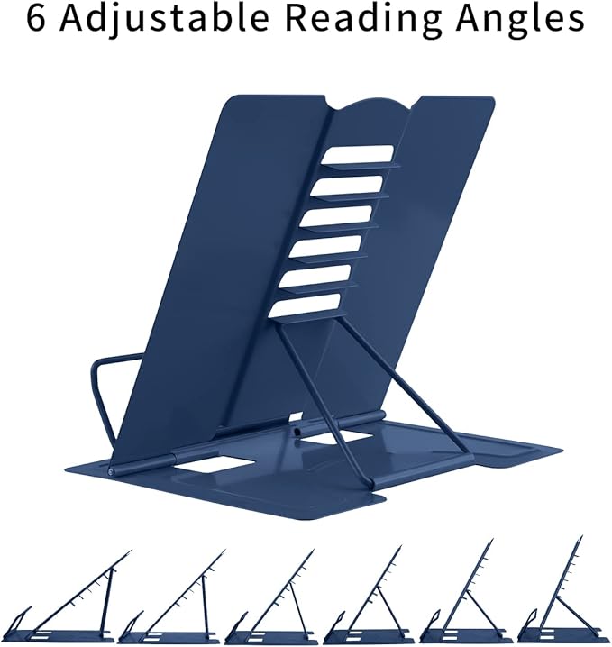 MSDADA Book Stand Metal Reading Rest Book Holder Adjustable Cookbook Documents Holder Portable Sturdy Bookstands for Recipes Textbooks with Page Clips Birthday Gifts for Girls Mom Students(Royal blue)