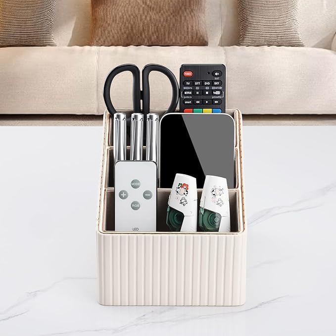 KINGFOM Remote Control Holder with 3 Compartments, Pu Leather Remote Caddy Desktop Organizer for TV, CD, Blu-Ray, Media Player, Heater Controllers and Cosmetics Office Supplies Light Beige