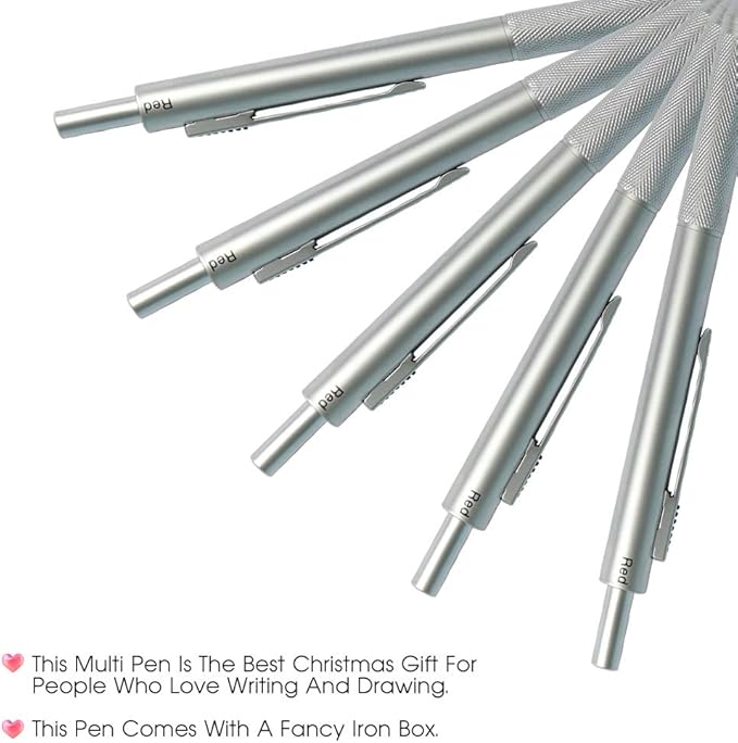 smttw 4 in1 Multi-Function Refillable & Retractable Ballpoint Pen + 0.5mm Mechanical Pencil, Fine Point, Silver Metal Barrel, Black/Red/Blue Inks, Multicolor Pen With Metal Gift Box