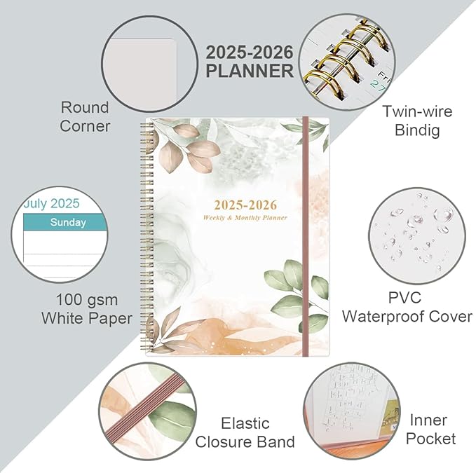 2025-2026 Planner - Academic Planner 2025-2026 from July 2025 to June 2026 with 12 Monthly Tabs, Flexible Cover, Inner Pocket, 8.5" x 11", Rose Leaf