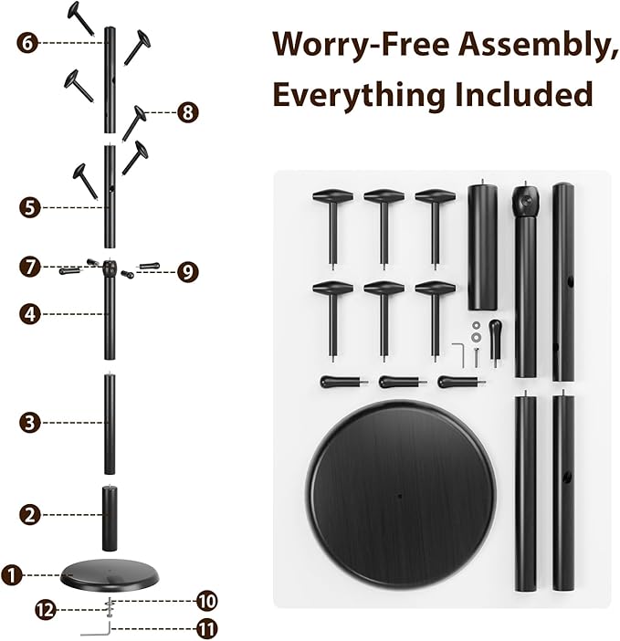 Solid Wood Coat Rack Freestanding Coat Tree with 10 Hooks for Bedroom, Livingroom, Entryway, Sturdy Coat Hanger Stand for Hats, Coats, Scarves, Handbags, Purses