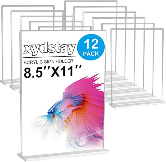 12pack Acrylic Sign Holder 8.5 X 11, Vertical T Shape Clear Plastic Paper Sign Holder, Menu Holder Display Stand, FLyer Table Sign Holder for Restaurant, Office, School, Store and Home Use