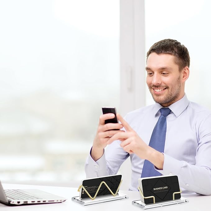 Amyhill 2 Pieces Acrylic Business Card Holder for Desk Clear Horizontal Business Card Display Stand Postcard Holder for Office Home Desktop (Gold)