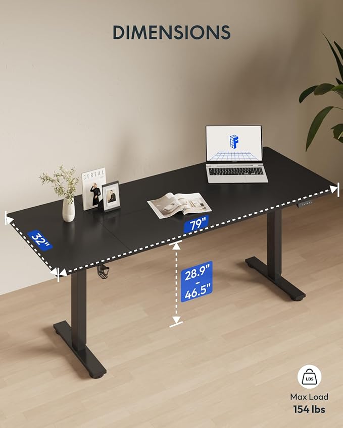 FLEXISPOT 79 x 32 Inch Large Standing Desk, Stand Up Desk with Splice Board, Rising Desks for Home Office, Office Desk with Cup Holder and Headphone Hook (Black Frame + Black Top, 2 Packages)