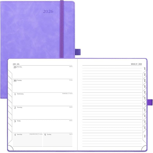 POPRUN Weekly Planner 2026 (Medium 6.5" x 8.5") Calendar 12 Months Notebook with Horizontal Layout, Leather Soft Cover, Monthly Tabs, Inner Pocket, 100GSM Thick Paper, Pen Holder - Lilac