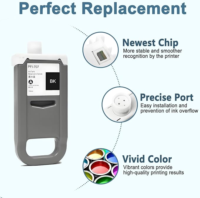 PFI-707 Ink Cartridge PFI707 Ink Tank Compatible with Canon imagePROGRAF PF830, iPF840, iPF850 CAD Plotters 700 ML (1-Pack, Black)
