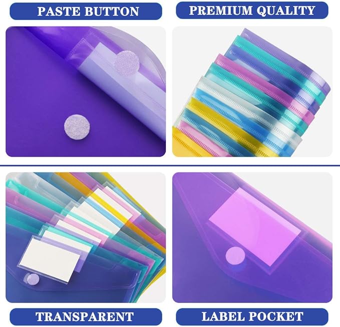 36 Pack Plastic Poly Filing Envelopes, Clear Document Folders US Letter A4 Size File Envelopes with Label Pocket & Paste Button for School Home Work Office Organization, 6 Assorted Color