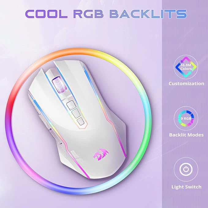Redragon Wireless Gaming Mouse with RGB Backlit, 8000 DPI, with Fire Button, Macro Editing Programmable,70Hrs for Windows/Mac, Rechargeable, White, M910-WS