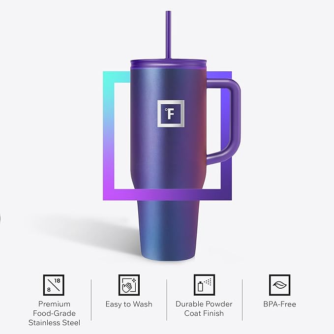 IRON °FLASK Co-Pilot Insulated Mug w/Straw & Flip Cap Lids - Cup Holder Bottle for Hot, Cold Drink - Leak-Proof - Water, Coffee Portable Travel Mug - Cobalt Blue, 40 Oz