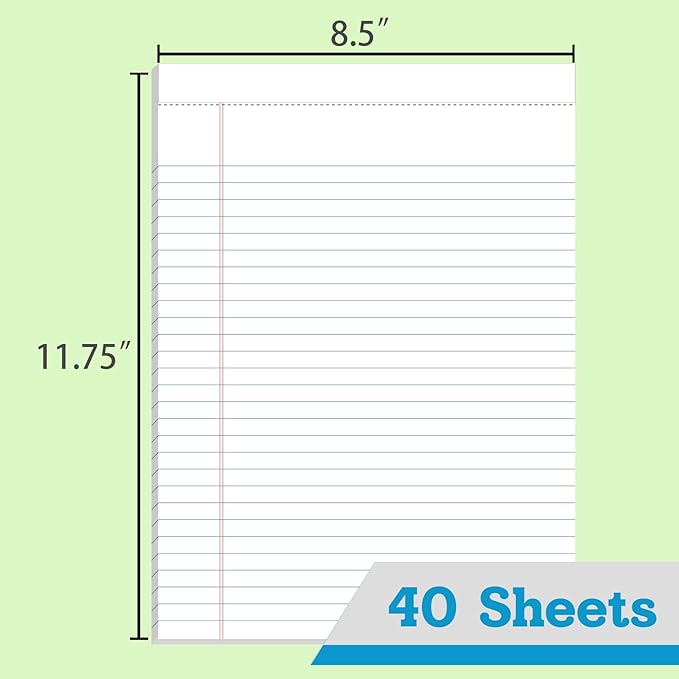 KAISA White Legal Pads Writing Pads Recycled Paper 8.5"x11.75" Wide Ruled Perforated 40 sheets Hard Back Notepads 8-1/2"x 11-3/4" Writing Tablet For Office Supplies Lined Paper (White 2pads)