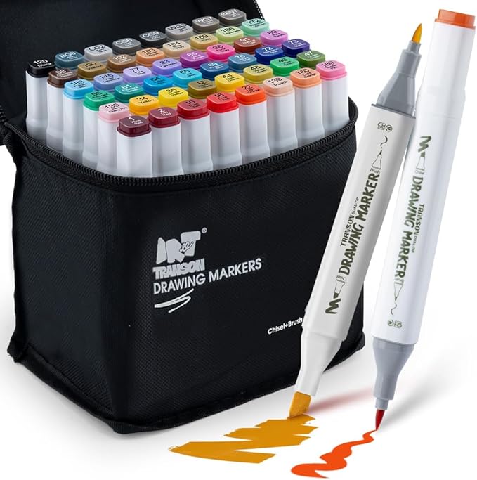 TRANSON Alcohol Markers for Drawing Coloring 48 Colors Dual-tip Chisel and Brush Tips