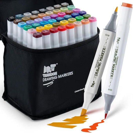 TRANSON Alcohol Markers for Drawing Coloring 48 Colors Dual-tip Chisel and Brush Tips