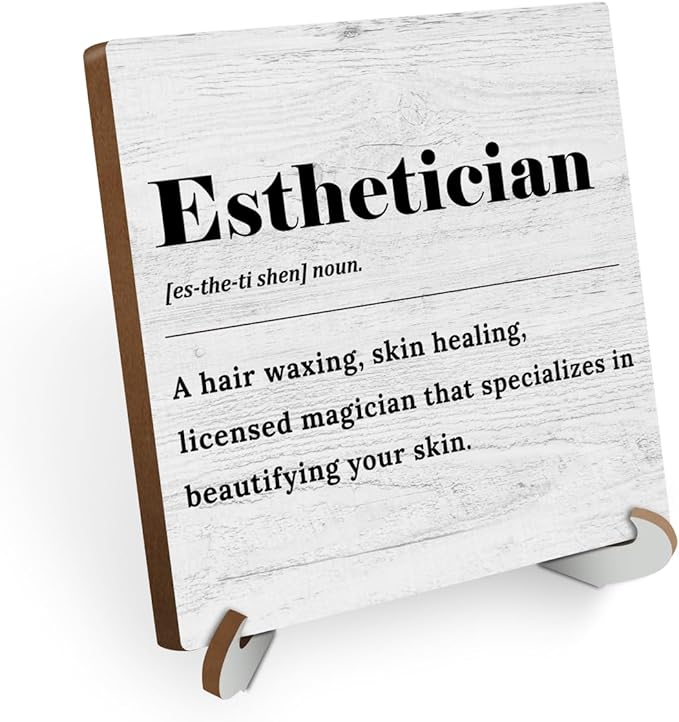 Esthetician Definition Wood Sign Desk Decor Rustic Esthetician Supplies Office Cubicle Decor Plaque with Wooden Stand Farmhouse Beauty Salon Desk Accessories for Home Table Shelf Centerpieces