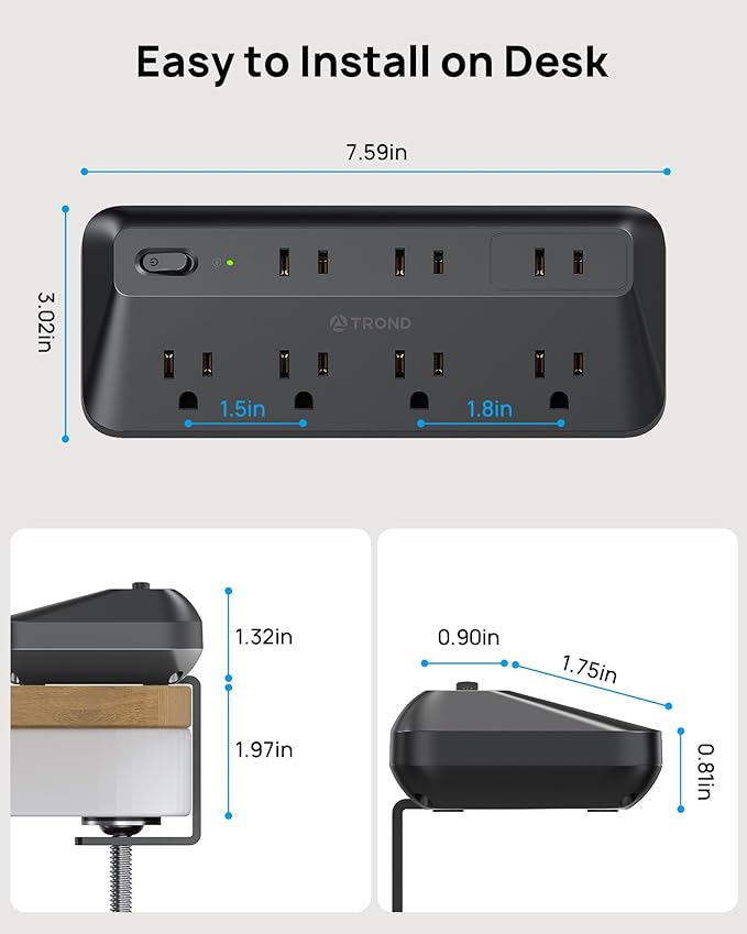 TROND Desk Clamp Power Strip - 1700J Surge Protector with 7 Outlets, Desktop Edge Mount Extension Cord, Fit 1.97" Tabletop, 10FT Flat Plug for Teacher Must Haves, Office, ETL List, Black