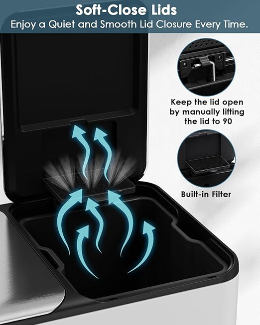 Arlopu 16Gal Dual Trash Can w/2 Built-in Box for Odor Control, Hands-Free Kitchen Garbage Bin, Recycle Waste Dustbin, Soft-Close Lid, 2 Buckets,Foot Pedal, Side Handle, Airtight,for Home Office