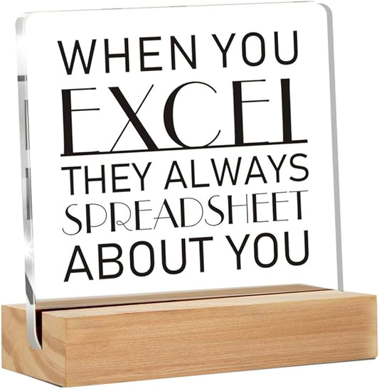 Funny Spreadsheet Gift, Humorous Office Quote Present for Accountants, When You Excel Clear Desk Decorative Sign With Wooden Stand for Office Desk Table Shelf