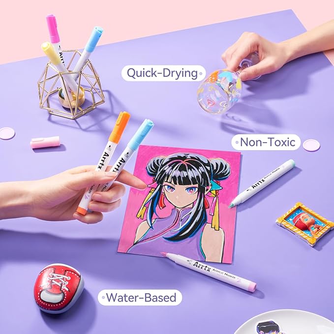 Arrtx Paint Markers Paint Pens 60 Colors, Acrylic Pens for Artists Adults Coloring Drawing Cartoon Anime Comic - Brush Tip for Rock, Wood, Canvas, DIY Crafts Making Art Supplies