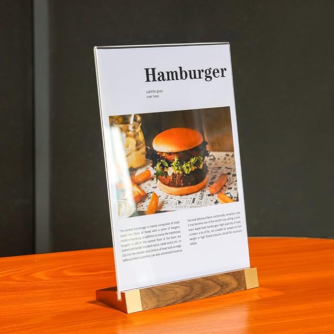 Acrylic Mini Sign Holder 4x6 Inch with Wood-Color Base, Acrylic Tabletop Display Sign Frame Vertical Clear for Store/Coffee Shop/Restaurant Menu Hotel/Office Display Holder, 2 Pack L Shape